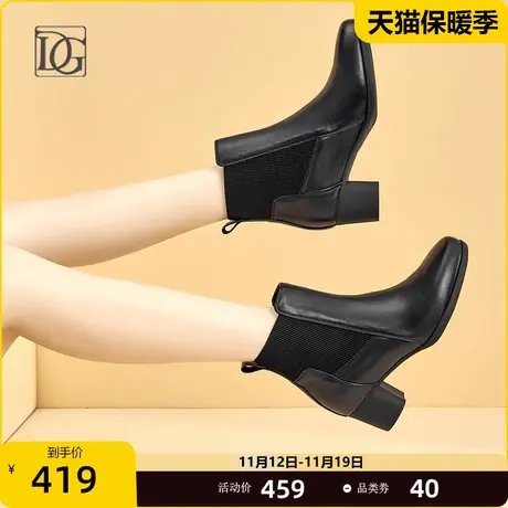 商场同款真皮粗跟靴子女2023新款春秋单靴头层牛皮短靴中跟及踝靴图片