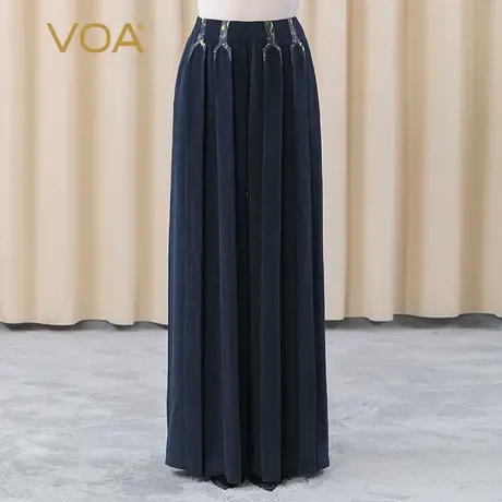 VOA真丝重磅30姆米藏青自然腰色织提花拼接立体压褶桑蚕丝阔腿裤图片