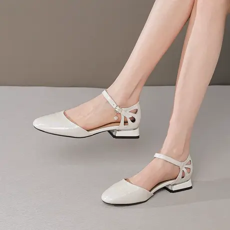 包头凉鞋女粗跟夏季新款低跟真皮一字扣带圆头中空单鞋百搭大码鞋商品大图