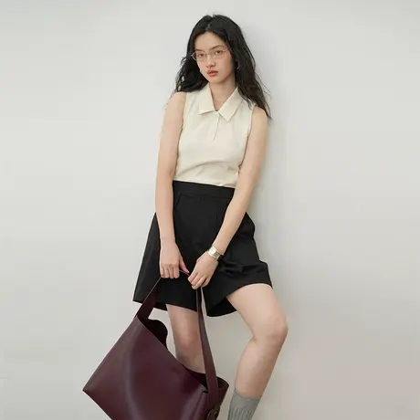 omont蛋挞家 复古polo领白色印花背心女夏季修身短款外穿无袖上衣图片