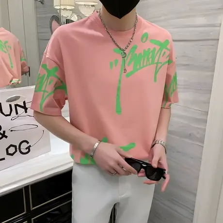 夏季男士t恤男装短袖半袖宽松字母印花学生时尚休闲潮流潮牌体恤商品大图