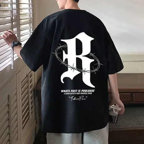 美式复古短袖T恤男夏季纯棉重磅港风潮牌上衣高街运动情侣半截袖商品大图