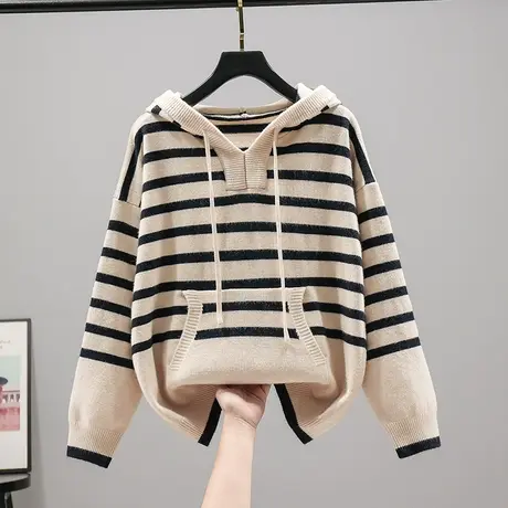 连帽条纹针织衫女士上衣2023春秋新款韩版宽松长袖套头毛衣内搭女商品大图