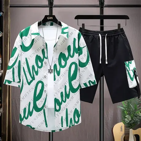 夏季衬衫男短袖宽松字母印花帅气上衣美式休闲翻领青少年衬衣外套商品大图