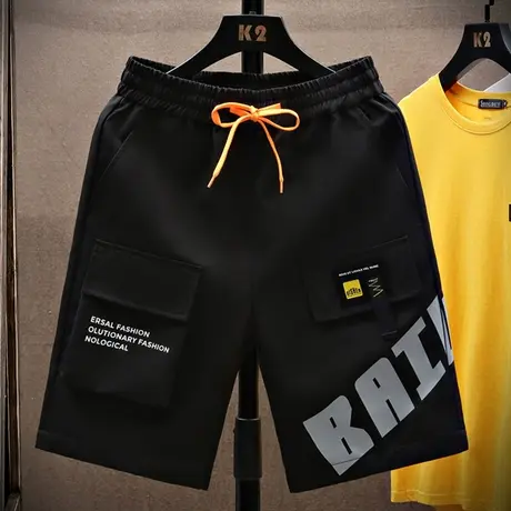 工装短裤男士夏季潮牌宽松字母印花休闲五分裤子男生直筒运动中裤商品大图