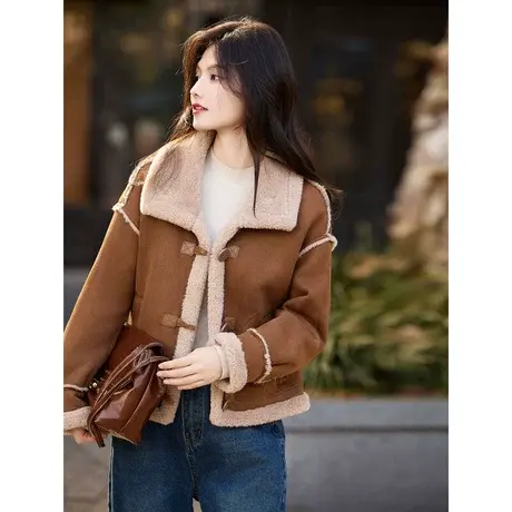 时尚气质2023年冬季新款女百搭加绒加厚翻领复古短款皮草外套上衣商品大图