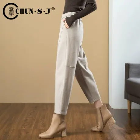 燕麦色毛呢裤子女秋冬季加厚松紧腰女裤大码女士九分萝卜裤灯笼裤商品大图