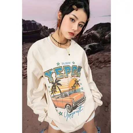 YEP潮牌复古汽车印花长袖t恤女宽松oversize秋季小众独特上衣ins图片