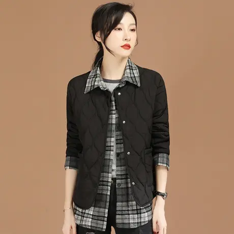 韩潮袭人假两件格纹加厚棉衣棉服女2023冬季新款韩版休闲棉袄外套图片