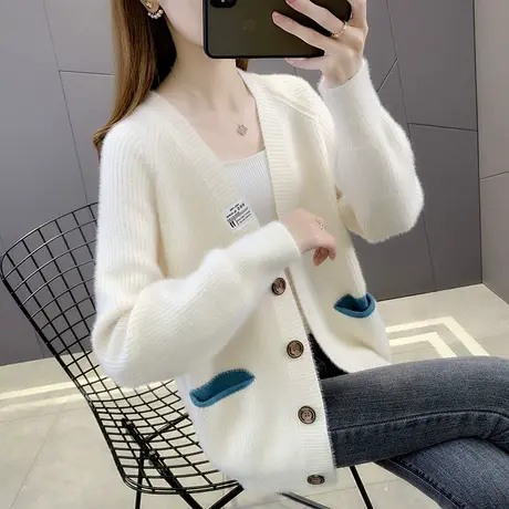 2024年新款水貂毛短外套春秋款高级感韩系温柔风毛衣女针织开衫女商品大图