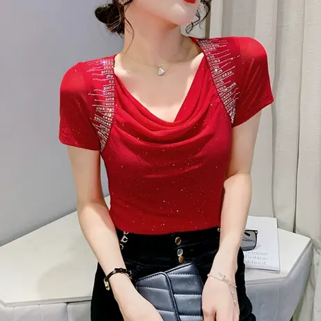 时尚烫钻短袖T恤女性感网纱V领上衣夏装新款紧身百搭洋气半袖小衫商品大图
