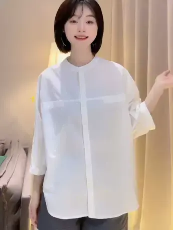 韩版夏季新款个性小圆领中袖衬衫女春夏宽松显瘦简约百搭纯色衬衣图片