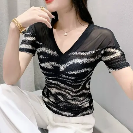 欧货斑马纹T恤女短袖2024夏装新款洋气性感V领小衫网纱拼接上衣潮图片