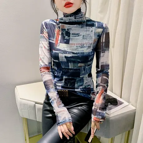 撞色扎染印花T恤女长袖性感半高领上衣洋气修身减龄秋冬打底衫ins商品大图