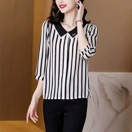 七分袖娃娃领条纹宽松漂亮雪纺衬衣女2023年夏季新款薄款时尚衬衣商品大图
