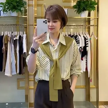 韩版气质假两件披肩条纹衬衫2023早秋新款女宽松百搭休闲长袖上衣图片