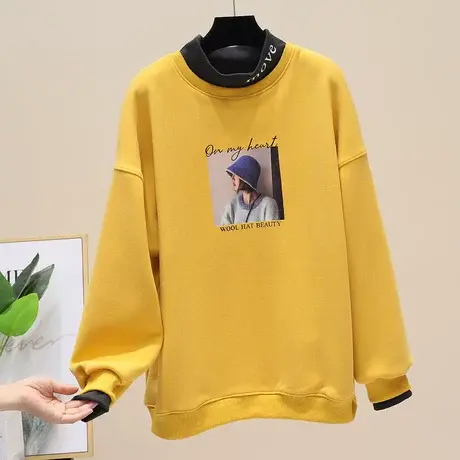 2023拼接半高领字母套头卫衣女秋冬新韩版宽松显瘦加绒休闲上衣潮商品大图