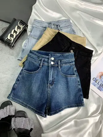 两粒扣弹力牛仔裤女2023春夏新款显瘦百搭高腰短裤韩国辣妹阔腿裤商品大图