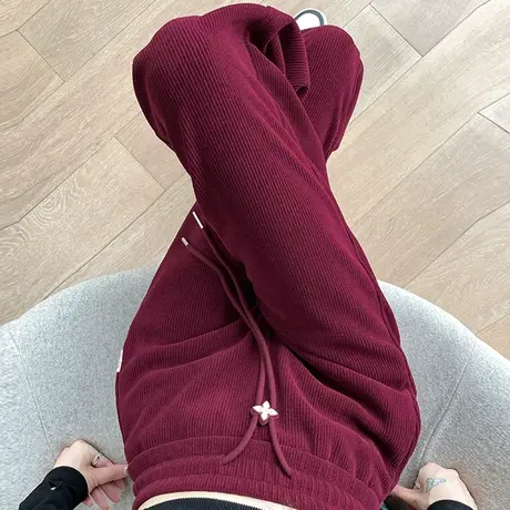 酒红色针织窄版阔腿裤女秋季2023新款高腰显瘦垂感宽松休闲拖地裤图片