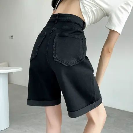 黑色高腰五分牛仔短裤女夏季薄款宽松显瘦阔腿小个子卷边直筒中裤商品大图