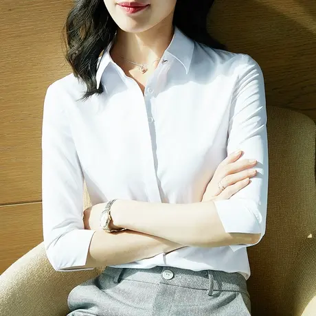 雀后秋季新款法式职业七分袖白色衬衫女小众别致上衣中袖正装衬衣图片