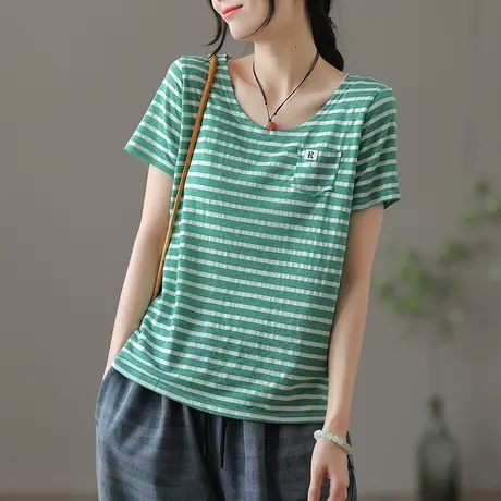 dza复古纯棉圆领条纹t恤女士短袖夏季薄款口袋显瘦上衣半袖打底衫商品大图