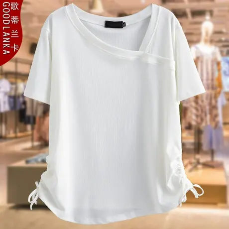 中年妈妈夏装t恤2023新款洋气时尚加肥加大码女圆领白色短袖上衣商品大图