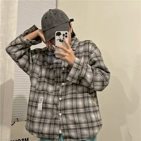 红续~2023春装新款韩版百搭宽松bf盐系港风复古格子衬衫衬衣女ins图片