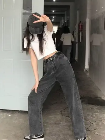 清仓复古黑灰色牛仔裤女2023年春夏新款高腰宽松直筒长裤女图片