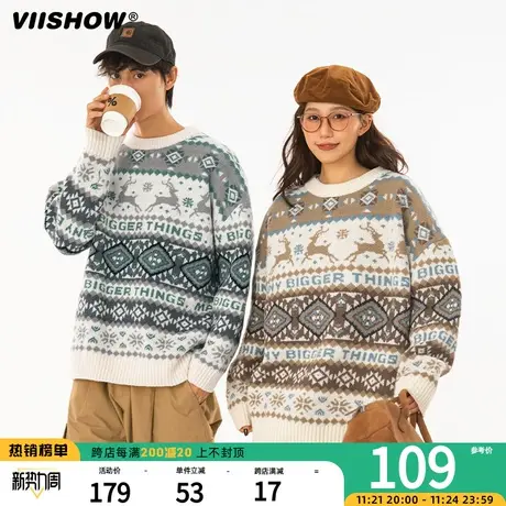 VIISHOW麋鹿圆领毛衣男生秋冬季潮牌文艺宽松加厚针织衫上衣男款商品大图