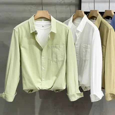 男装春秋季纯棉衬衫男长袖外穿工装休闲修身衬衣中年男士秋装外套商品大图