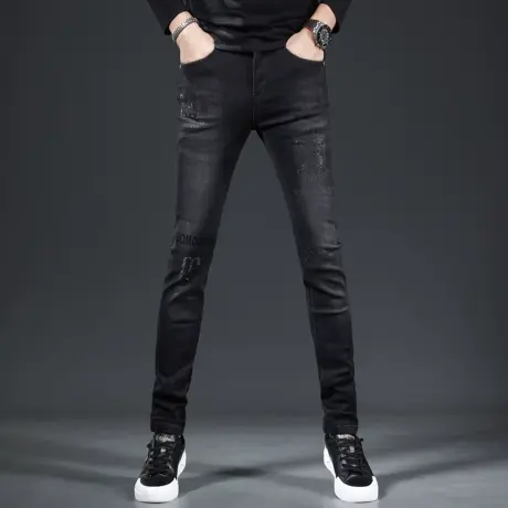 黑色烫钻牛仔裤男款修身小脚2023秋季新款印花潮牌男士裤子春秋款商品大图