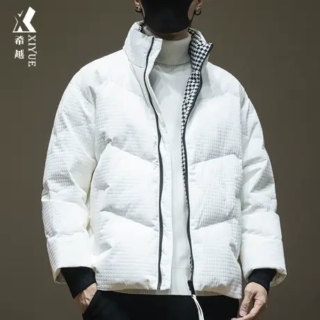 希越秋冬加厚羽绒服男士千鸟格立领外套宽松大码90白鸭绒面包棉服商品大图