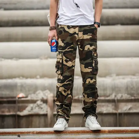 纯棉春秋多口袋休闲裤宽松工装裤男长裤户外战术耐磨吃鸡迷彩裤男图片