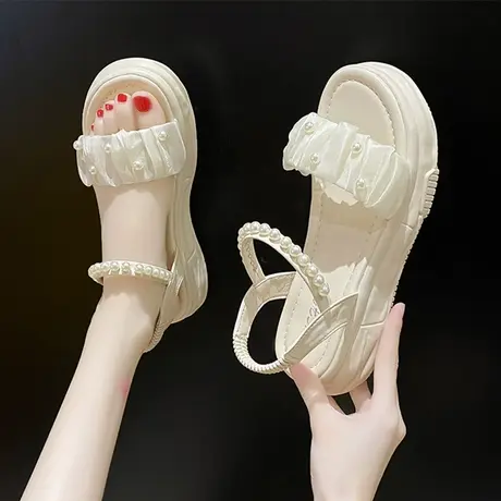 凉鞋女款2023年夏季新款时尚厚底仙女风罗马鞋子珍珠外穿软底时装图片