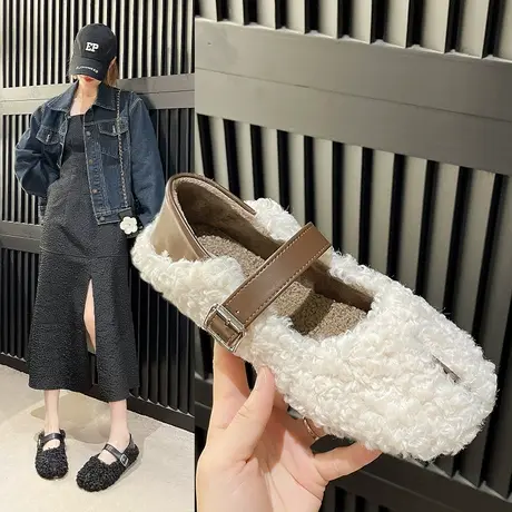 毛毛鞋女外穿加绒棉鞋2023新款秋冬猪蹄分趾鞋平底单鞋玛丽珍女鞋商品大图