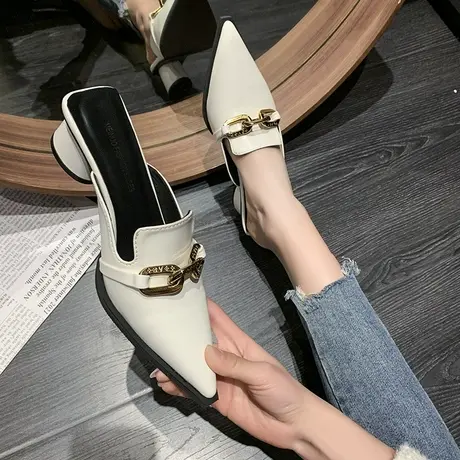 尖头高跟网红凉拖鞋女时尚外穿粗跟包头半拖鞋女鞋中跟懒人穆勒鞋商品大图