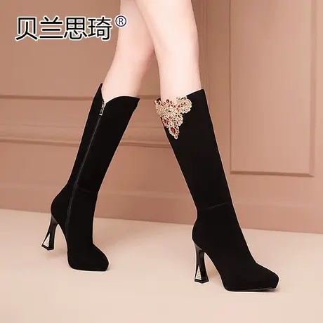 磨砂真皮防水台高跟长靴女不过膝秋冬季新款加绒女鞋粗跟高筒靴商品大图