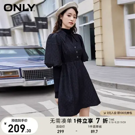 【买5免1】ONLY奥莱夏季时尚复古纯色泡泡袖短款收腰连衣裙女图片