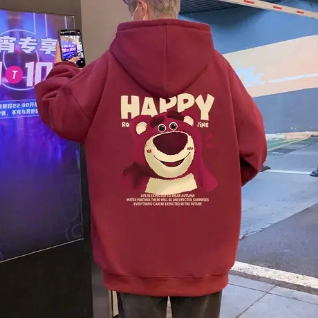 草莓熊纯棉连帽卫衣男春秋季新款美式重磅oversize潮牌宽松外套商品大图