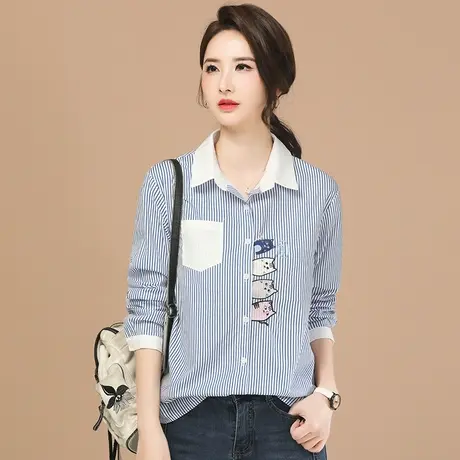 韩潮袭人学院风设计感衬衫女2024春装新款刺绣条纹长袖衬衣上衣图片