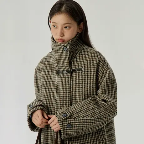 omont蛋挞家 全羊毛毛呢外套女2023冬季新款复古千鸟格双面呢大衣图片