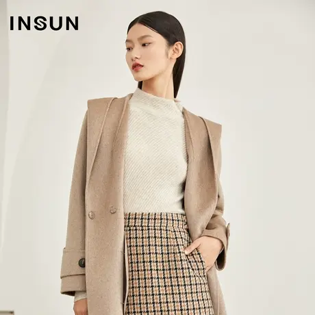 INSUN恩裳冬季双面呢连帽收腰山羊绒毛呢大衣商品大图