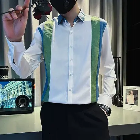 韩版拼色长袖衬衫设计感百搭修身发型师痞帅衬衣INS休闲个性上衣图片