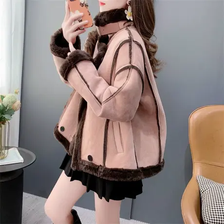 高级感皮毛一体羊羔毛外套女2023冬季新款韩版立领加绒加厚机车服图片