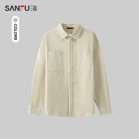 三福2024春季男士净色粗灯芯绒长衬衫 复古翻领上衣男481079商品大图
