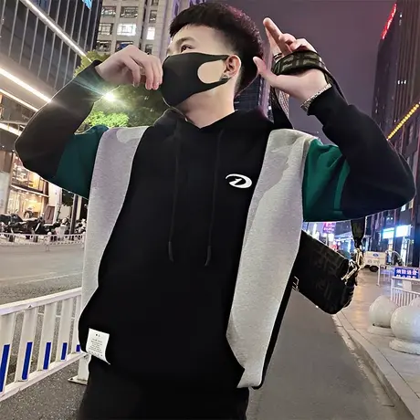 高级感撞色拼接连帽卫衣男秋冬小众个性休闲外套潮流百搭打底上衣商品大图