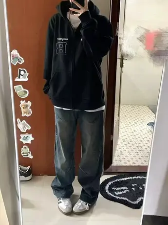 美式复古卫衣女2023秋冬季小个子高级感宽松连帽加绒加厚开衫外套商品大图