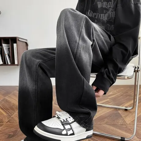 渐变直筒牛仔裤男秋冬潮牌宽松ins高街黑色水洗阔腿老爹直筒长裤商品大图