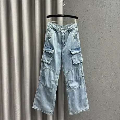 欧货工装口袋设计感牛仔直筒裤女2024春季新款高腰显瘦阔腿拖地裤图片